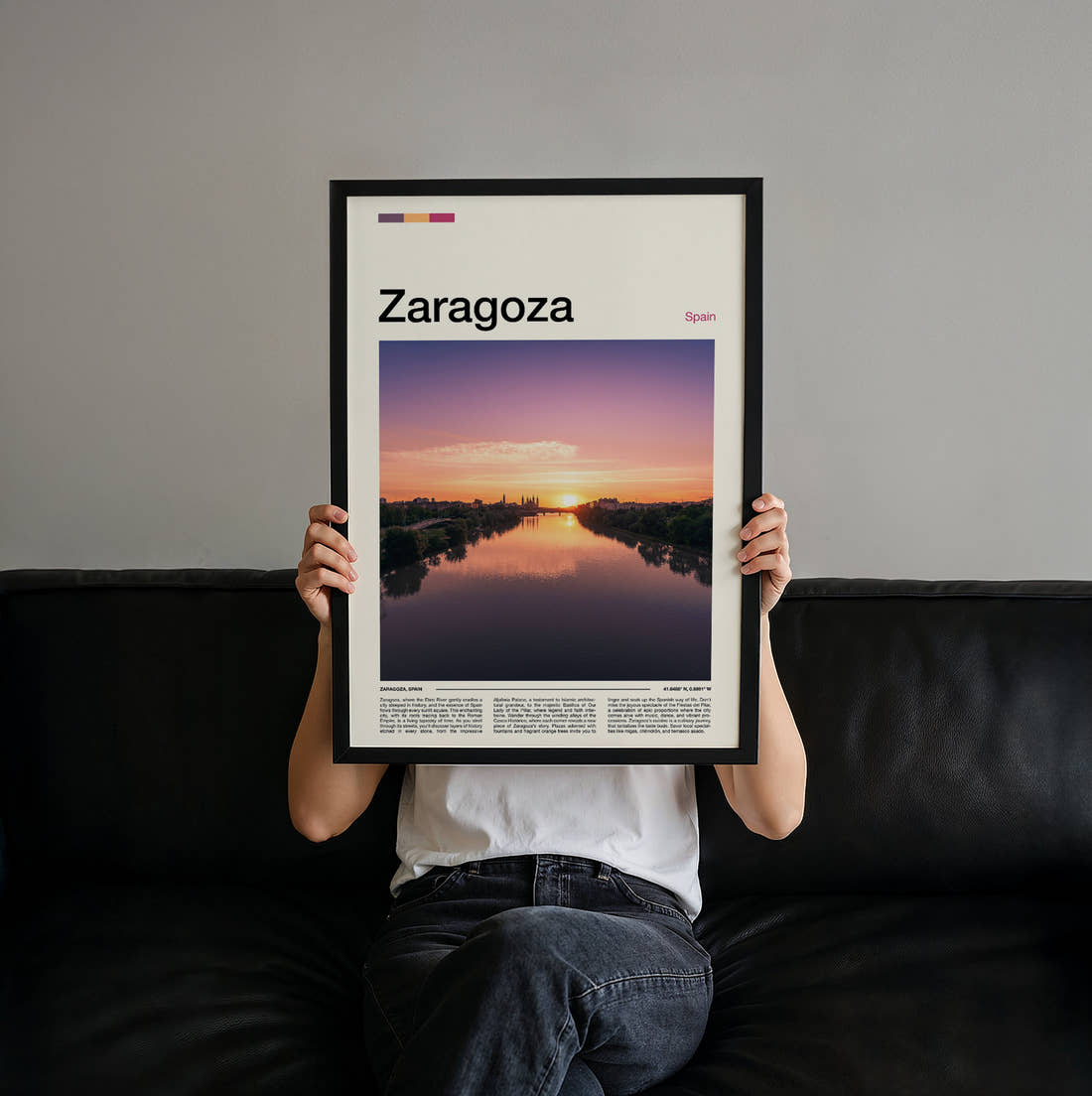 Zaragoza River At Sunset Travel Print held up by hand to show the size of the print