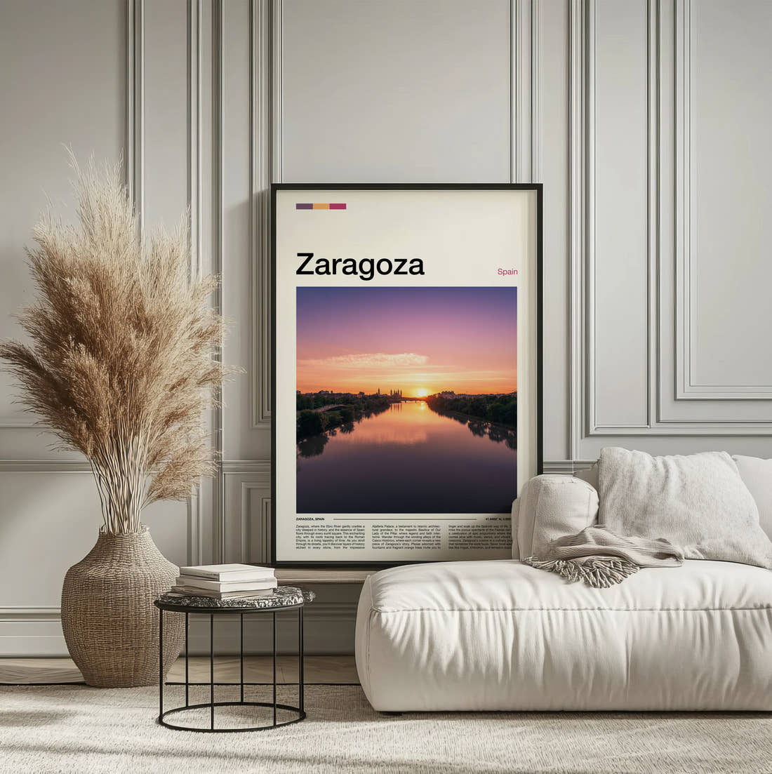Zaragoza River At Sunset Travel Print framed on the wall of a calm, neutral bedroom
