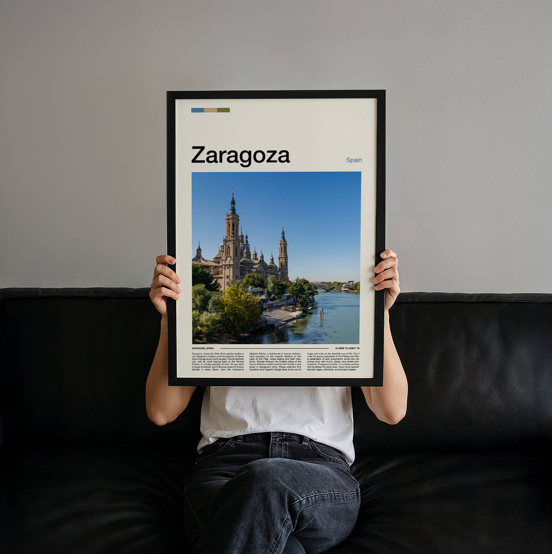 Zaragoza Riverside Basilica Travel Print held up by hand to show the size of the print
