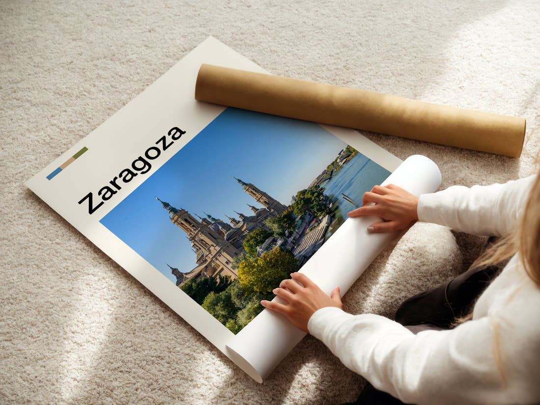 Zaragoza Riverside Basilica Travel Print being unrolled from its postal tube