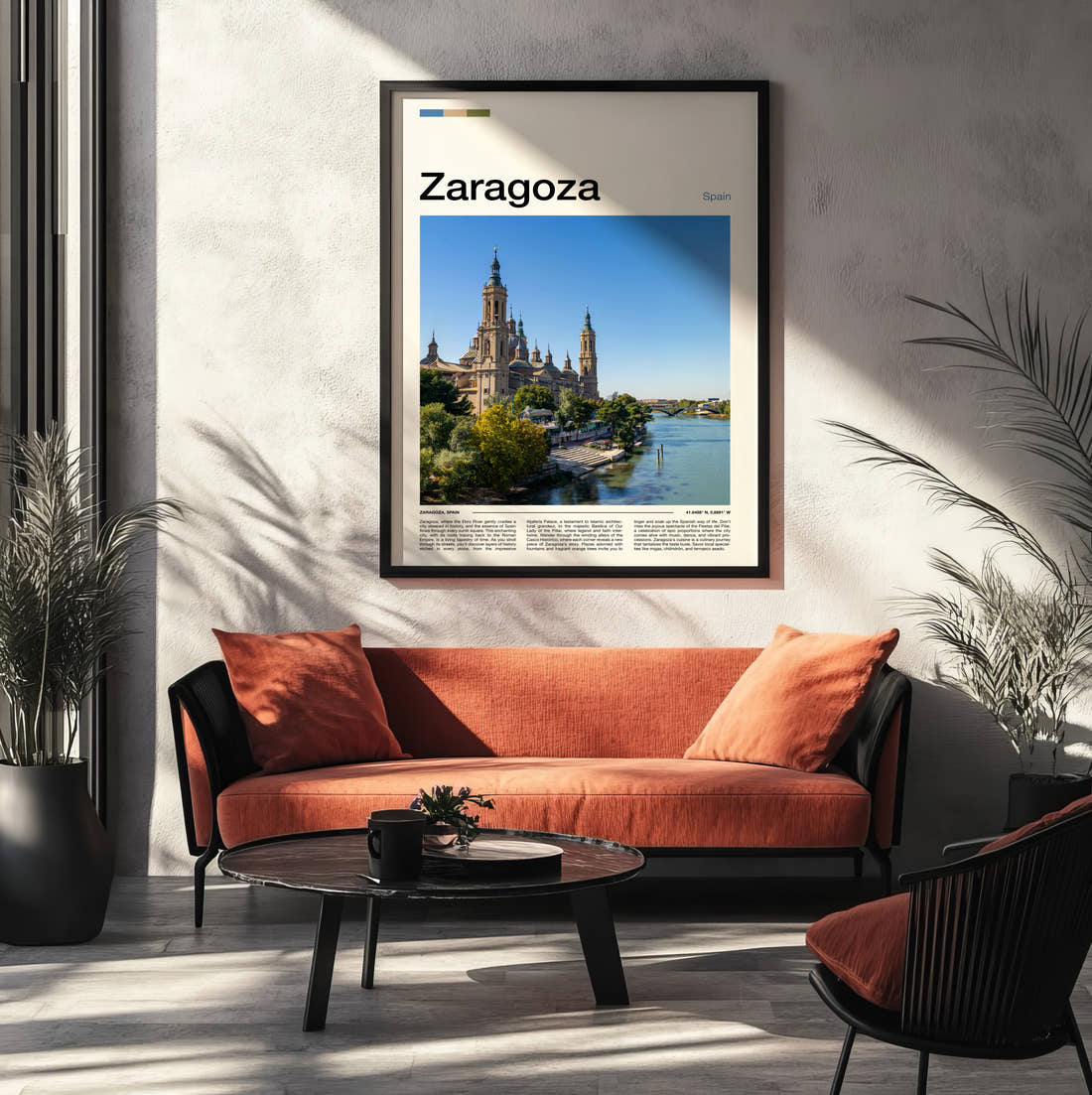 Zaragoza Riverside Basilica Travel Print framed on the wall of a modern living room