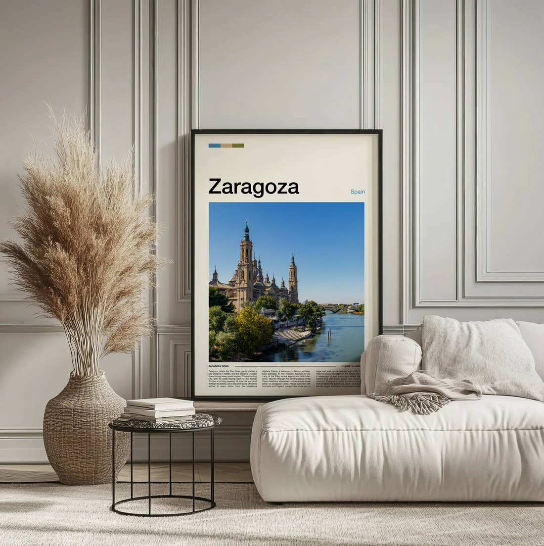 Zaragoza Riverside Basilica Travel Print framed on the wall of a calm, neutral bedroom
