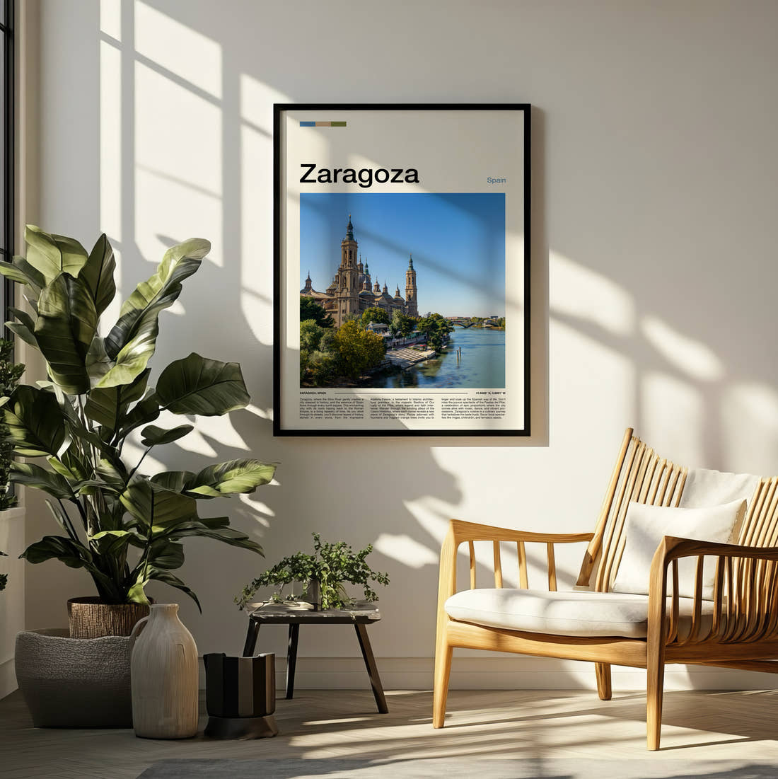 Zaragoza Riverside Basilica Travel Print framed on a pale wall beside houseplants