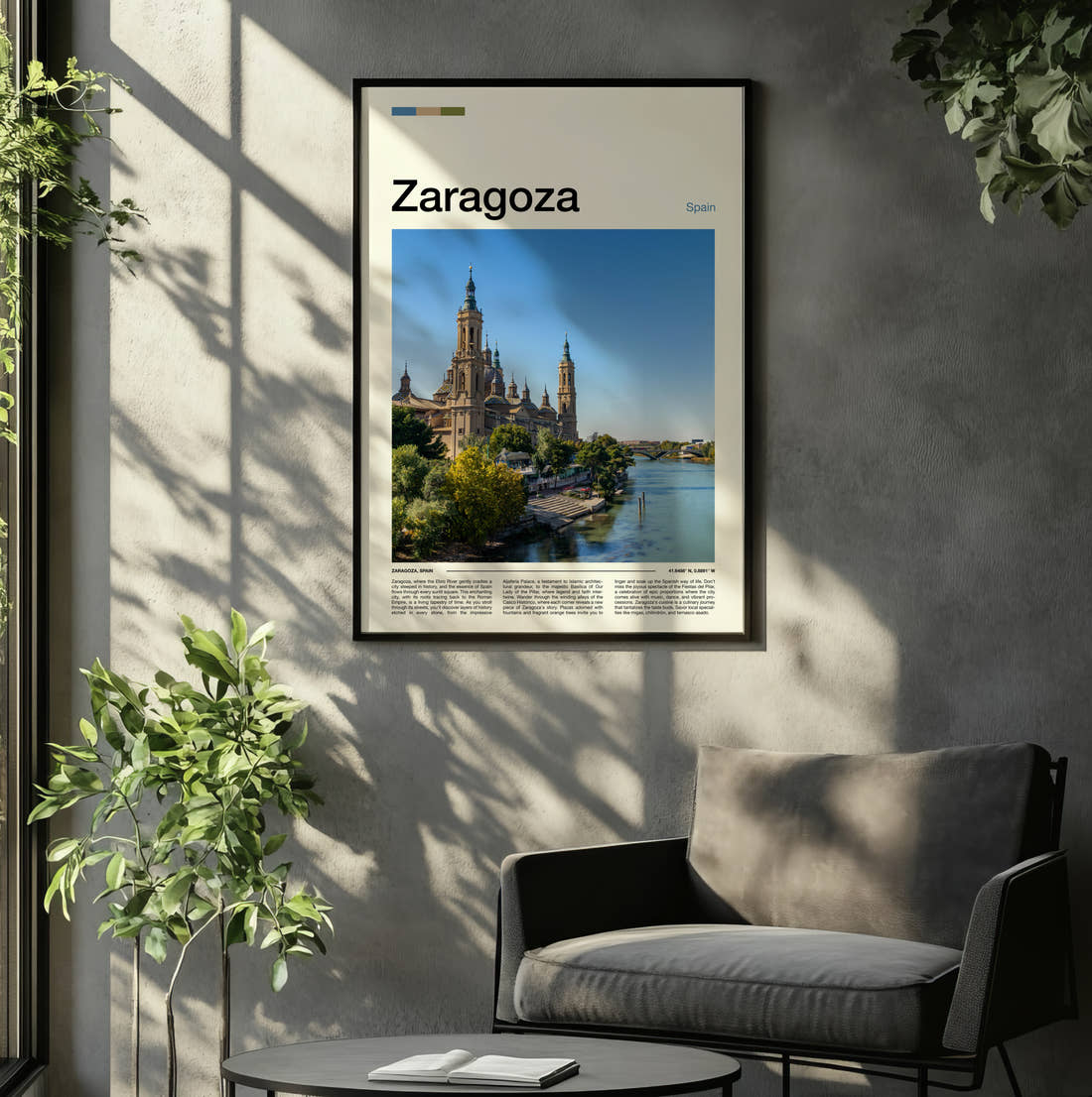 Zaragoza Riverside Basilica Travel Print framed on the wall of a relaxed living room