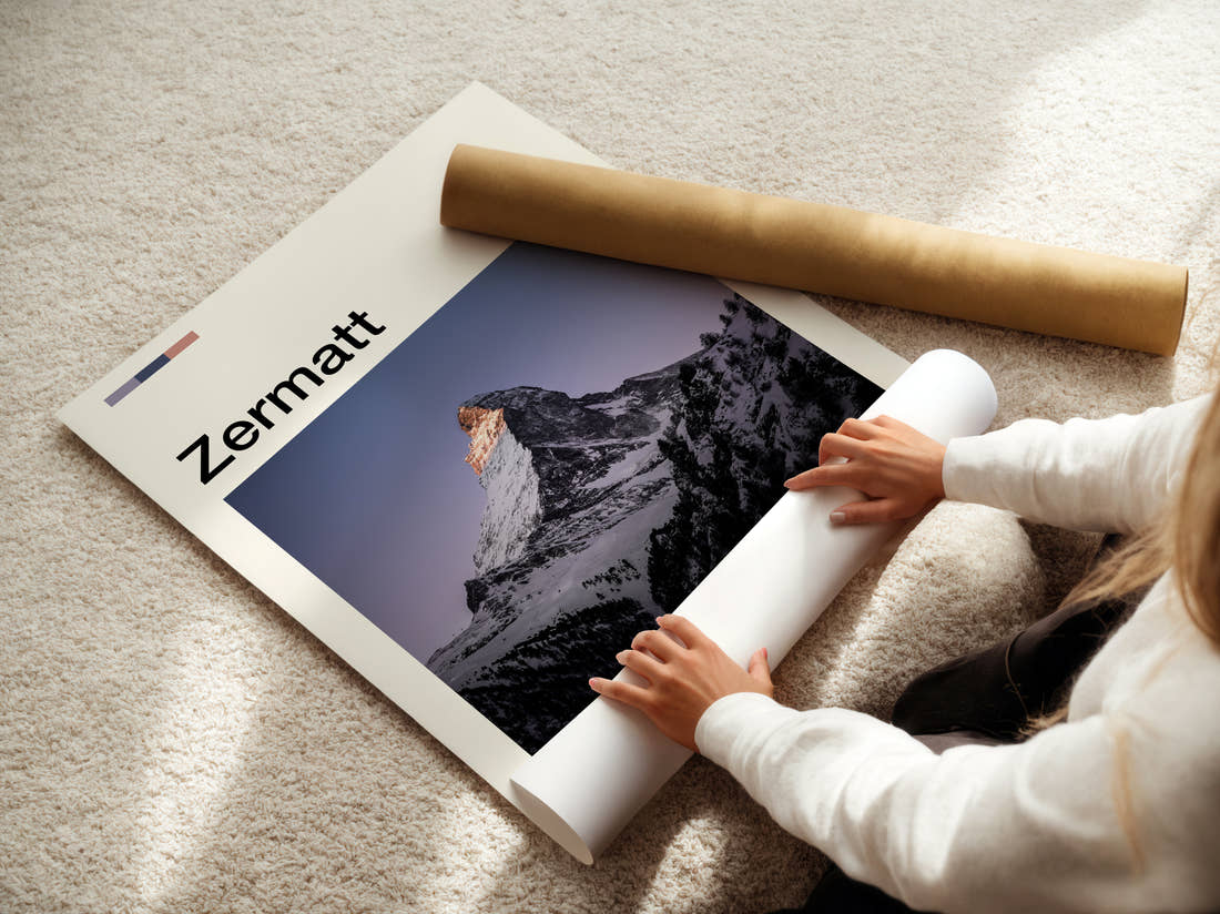 Zermatt Matterhorn Travel Print being unrolled from its postal tube