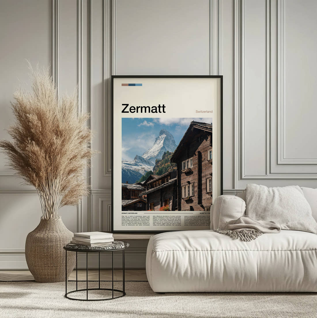 Zermatt Wooden Chalet And Matterhorn Travel Print framed on the wall of a calm, neutral bedroom