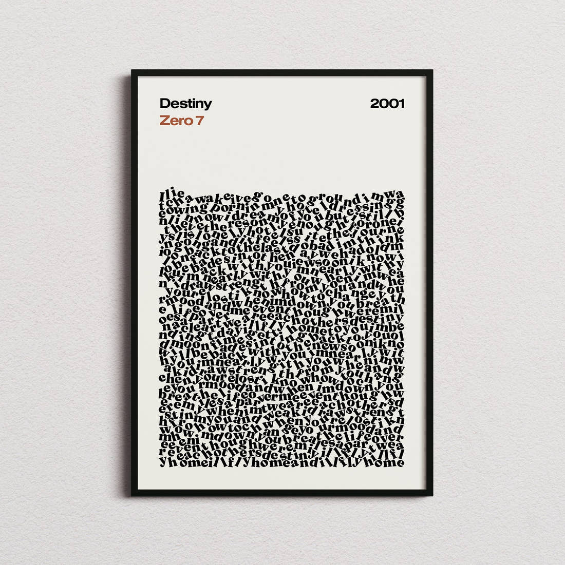 Zero 7 Destiny Lyric Print in the cream colourway, framed