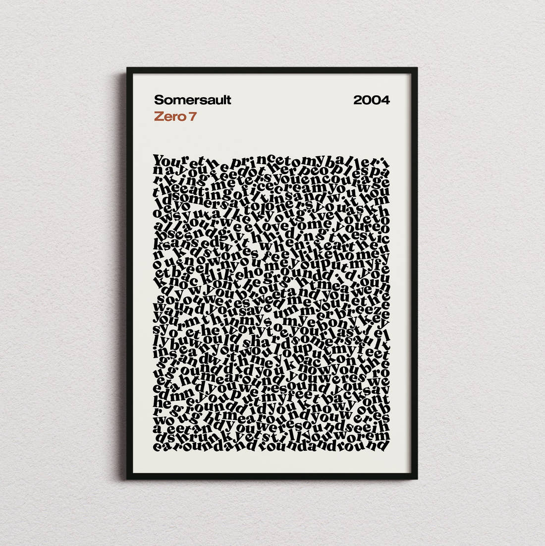 Zero 7 Somersault Lyric Print in the cream colourway, framed