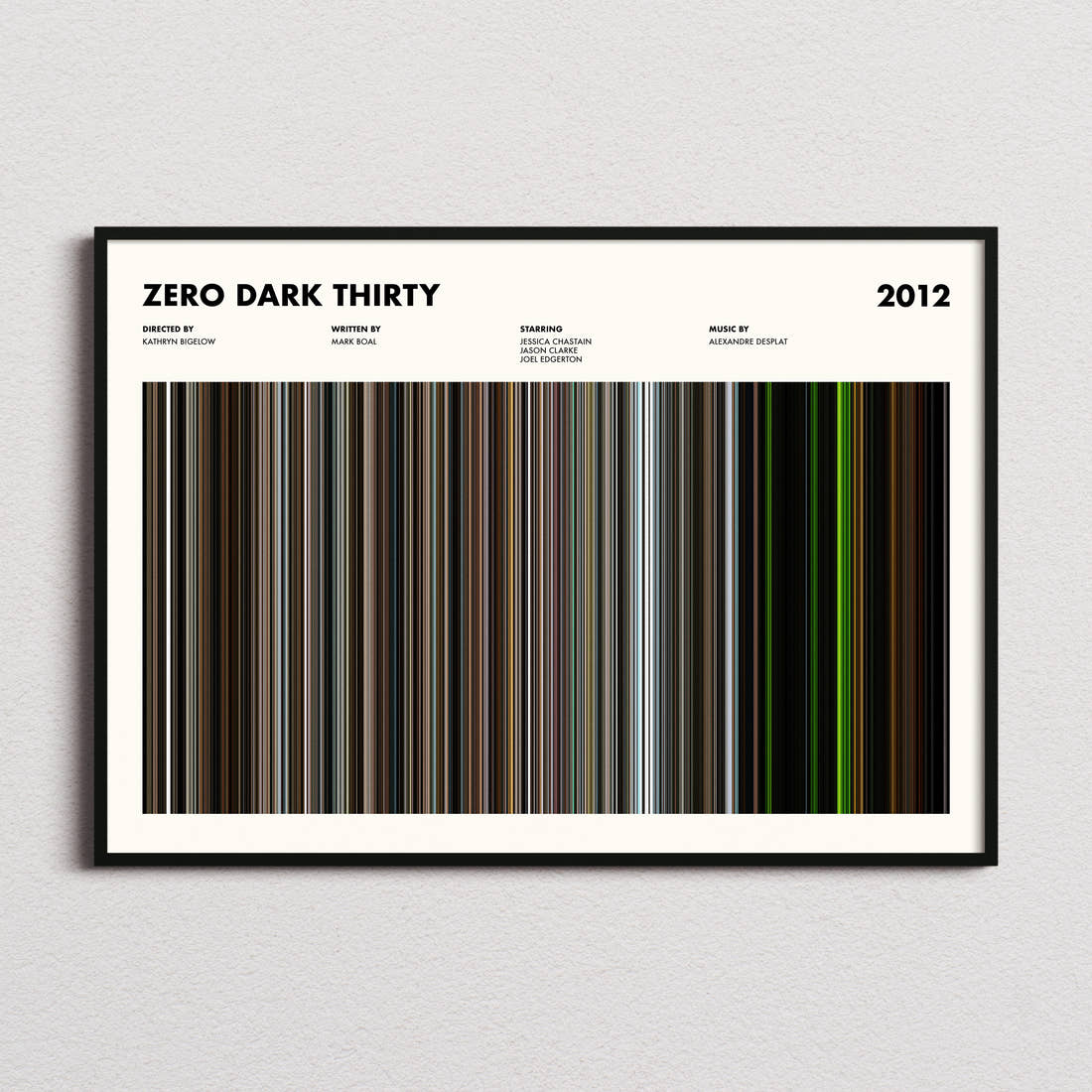 Zero Dark Thirty Movie Barcode Poster framed and photographed straight on