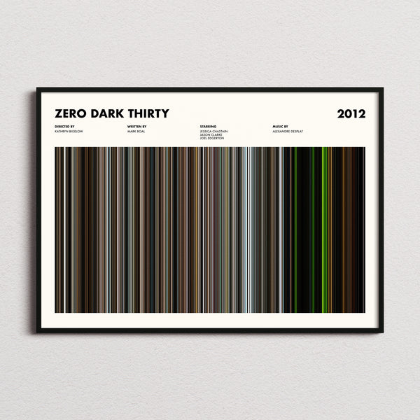 Zero Dark Thirty Movie Barcode Poster framed and photographed straight on