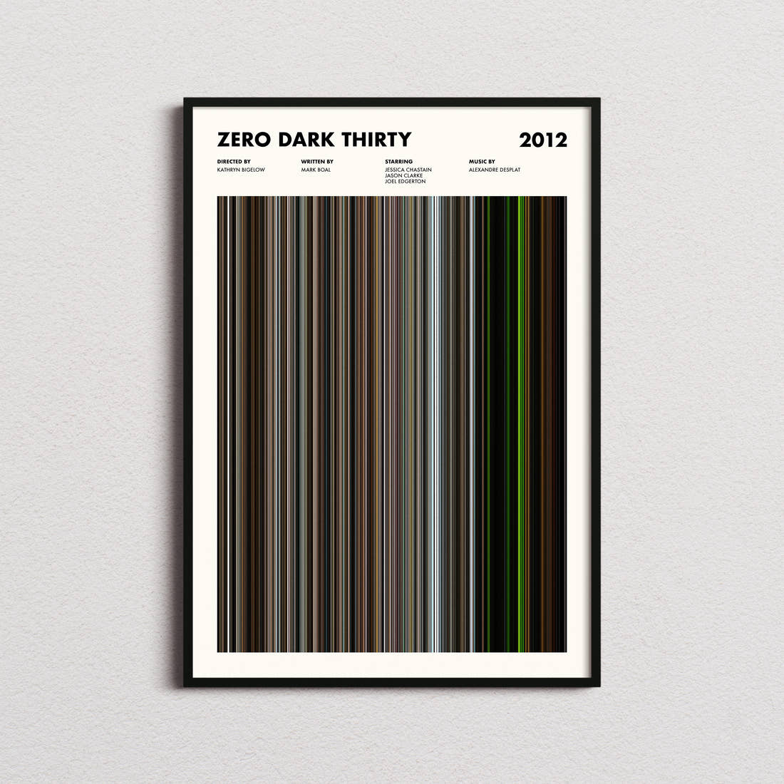 Zero Dark Thirty Movie Barcode Poster framed on a plain studio wall