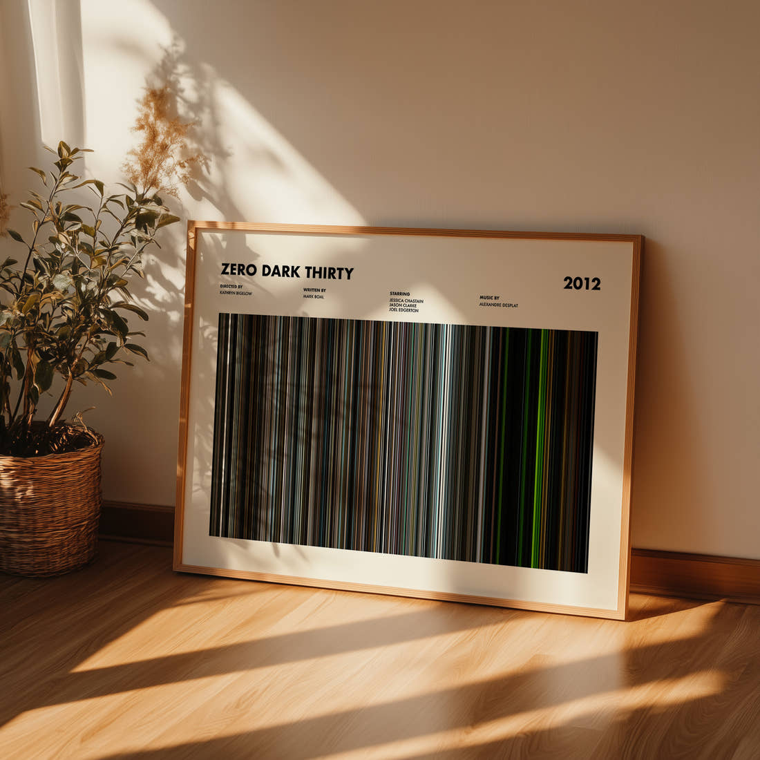 Zero Dark Thirty Movie Barcode Poster framed and leaning against a wall on a wooden floor