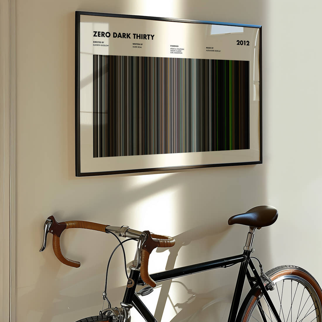 Zero Dark Thirty Movie Barcode Poster framed on the wall of a styled room setting
