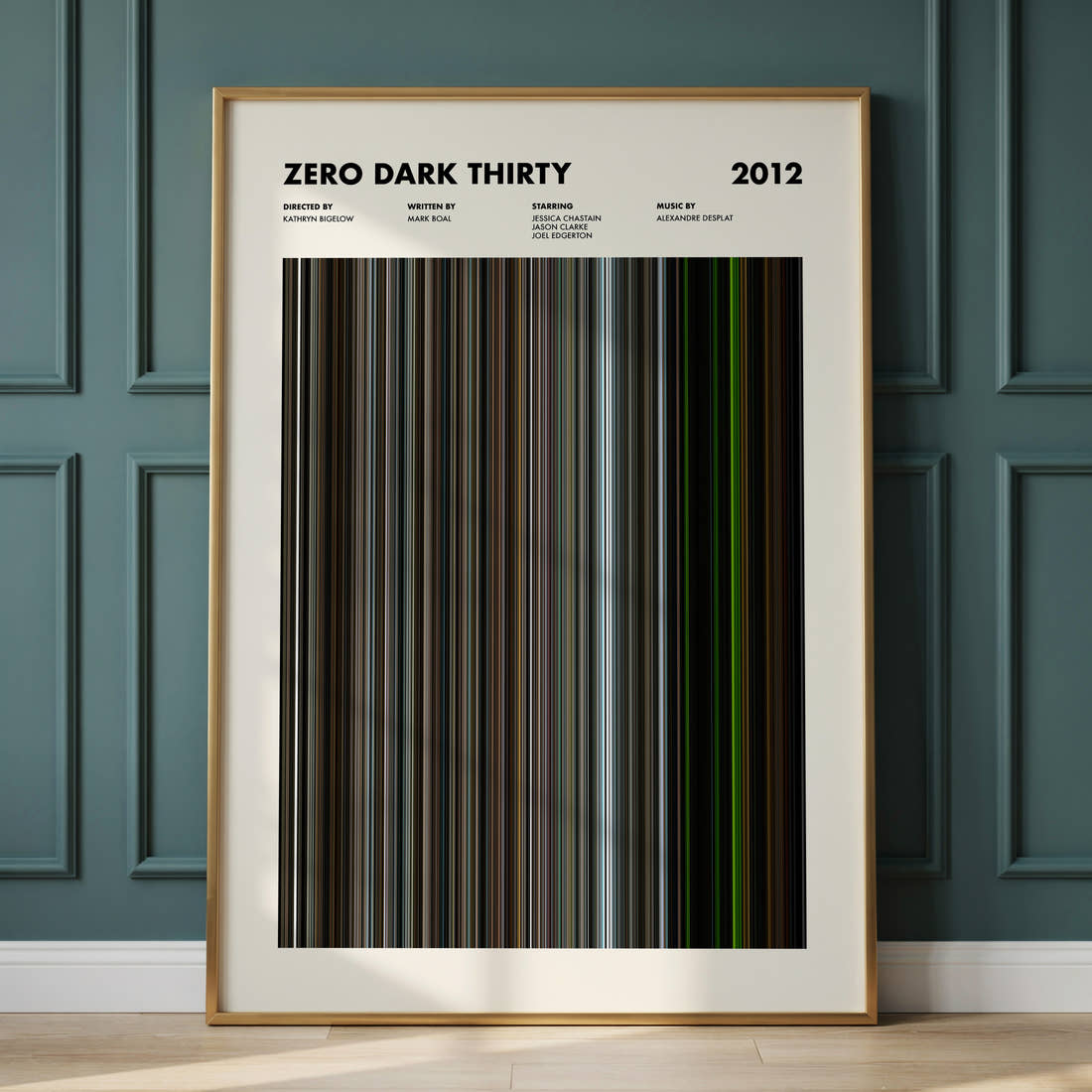 Zero Dark Thirty Movie Barcode Poster framed and leaning against a panelled wall