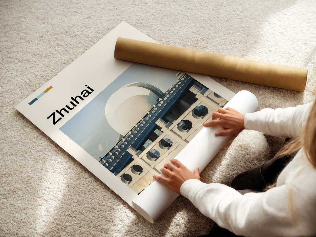 Zhuhai Opera House Bridge Travel Print being unrolled from its postal tube