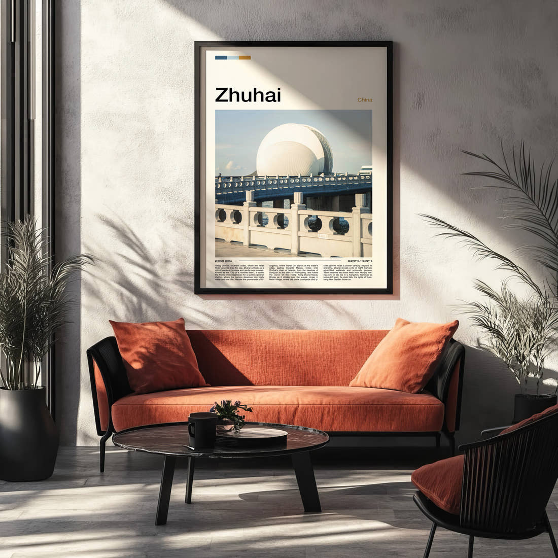 Zhuhai Opera House Bridge Travel Print framed on the wall of a modern living room