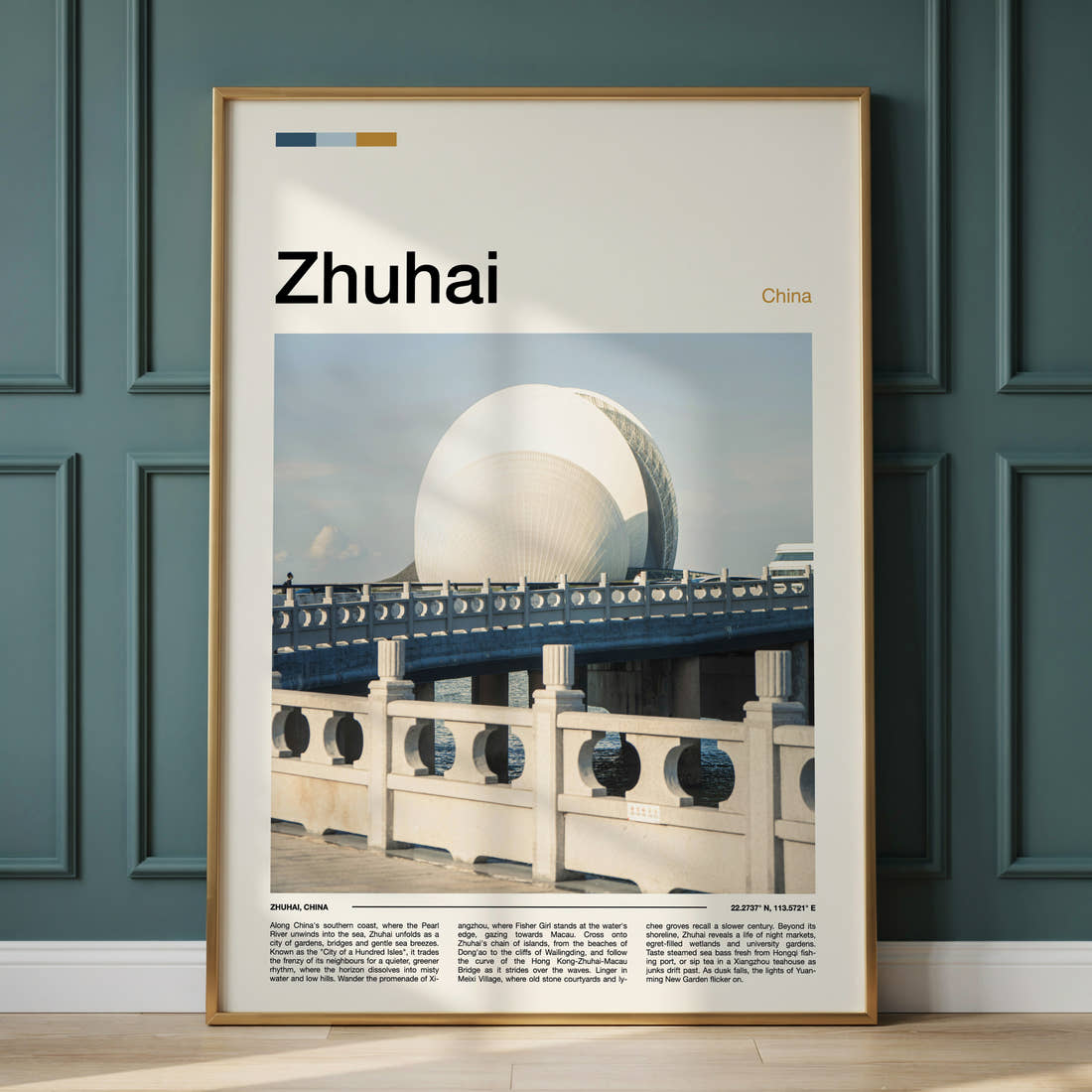 Zhuhai Opera House Bridge Travel Print framed on the wall of a calm, neutral bedroom