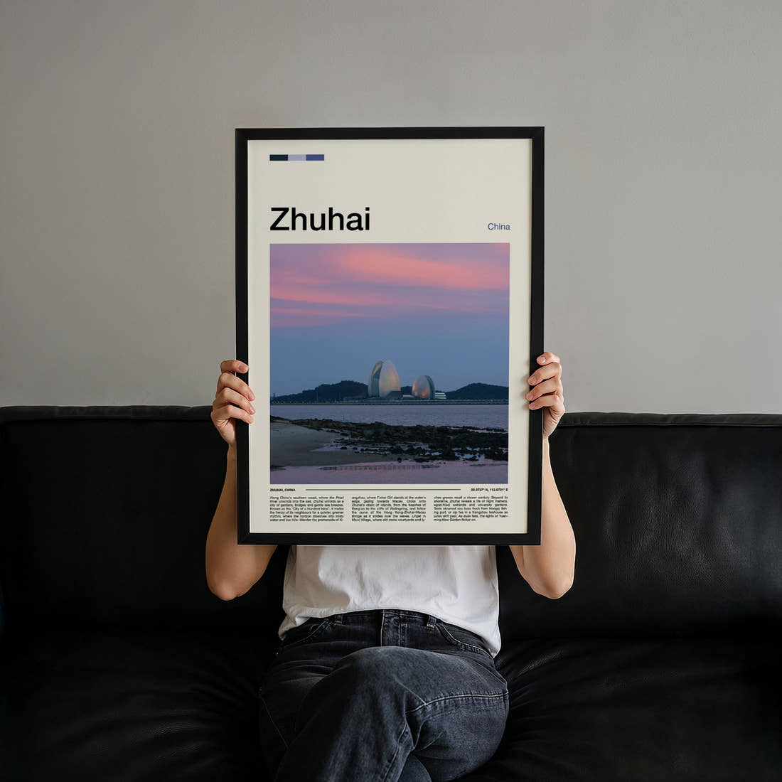 Zhuhai Sunset Bay Skyline Travel Print held up by hand to show the size of the print