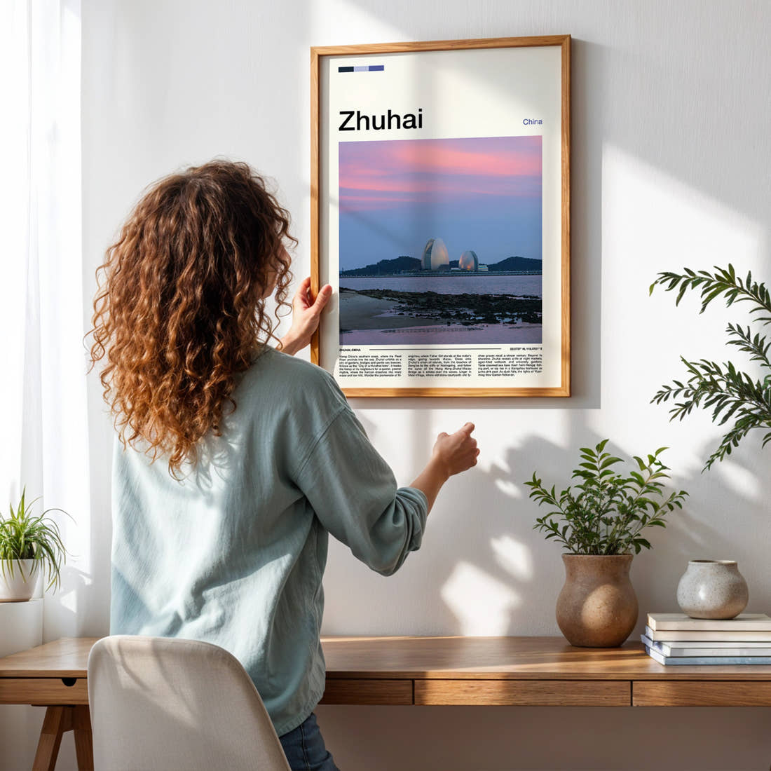 Zhuhai Sunset Bay Skyline Travel Print framed on a pale wall beside houseplants