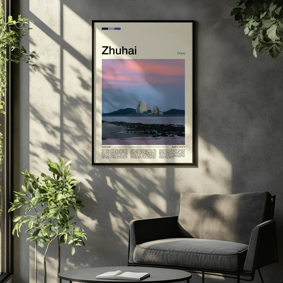 Zhuhai Sunset Bay Skyline Travel Print framed on the wall of a relaxed living room