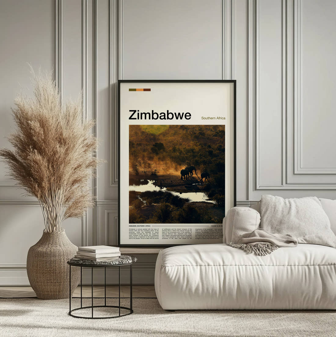 Zimbabwe Elephants By The River Travel Print framed on the wall of a calm, neutral bedroom