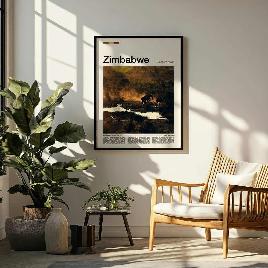 Zimbabwe Elephants By The River Travel Print framed on a pale wall beside houseplants