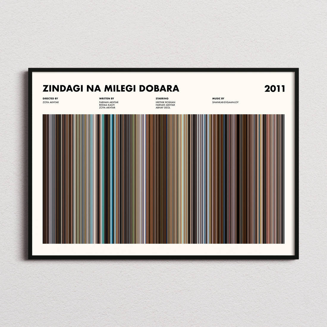 Zindagi Na Milegi Dobara Movie Barcode Poster framed and photographed straight on