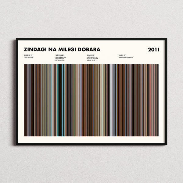 Zindagi Na Milegi Dobara Movie Barcode Poster framed and photographed straight on
