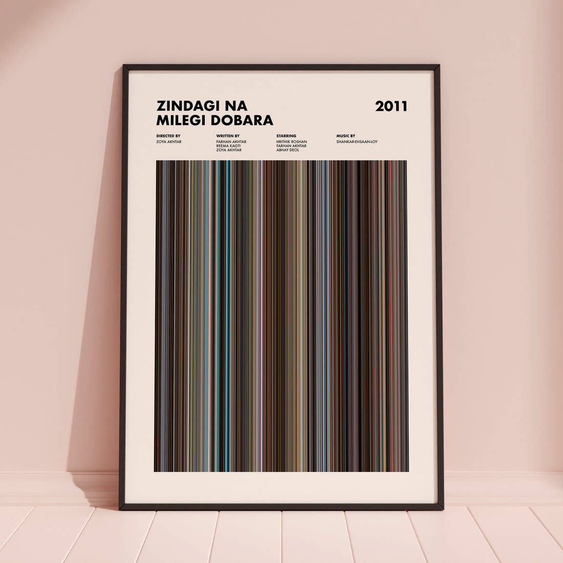 Zindagi Na Milegi Dobara Movie Barcode Poster framed and leaning against a coloured wall