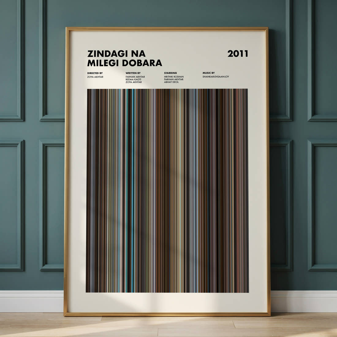 Zindagi Na Milegi Dobara Movie Barcode Poster framed and leaning against a panelled wall