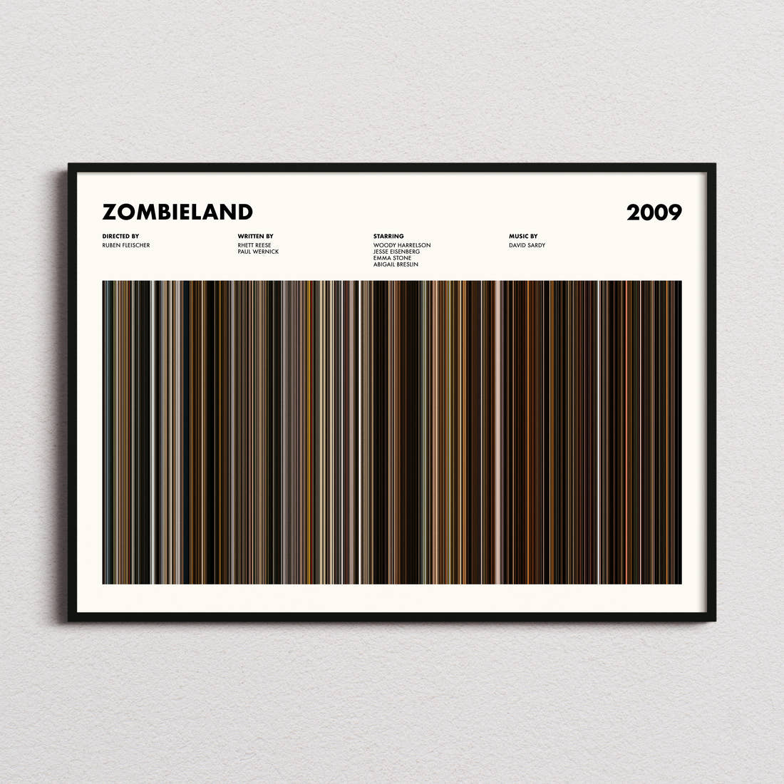 Zombieland Movie Barcode Poster framed and photographed straight on