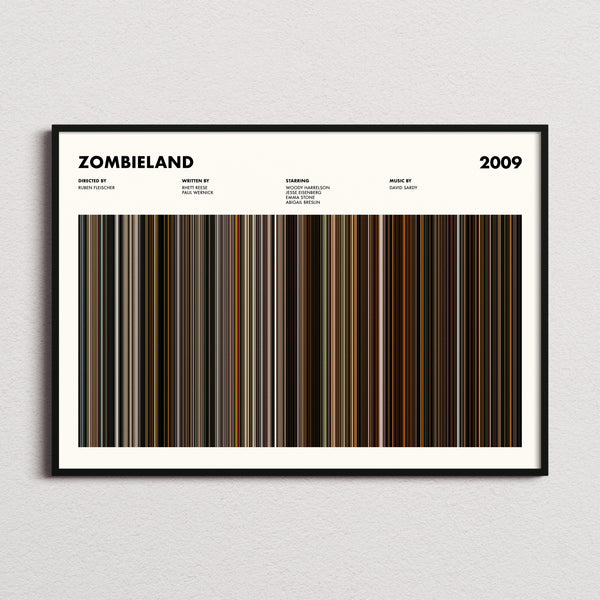 Zombieland Movie Barcode Poster framed and photographed straight on