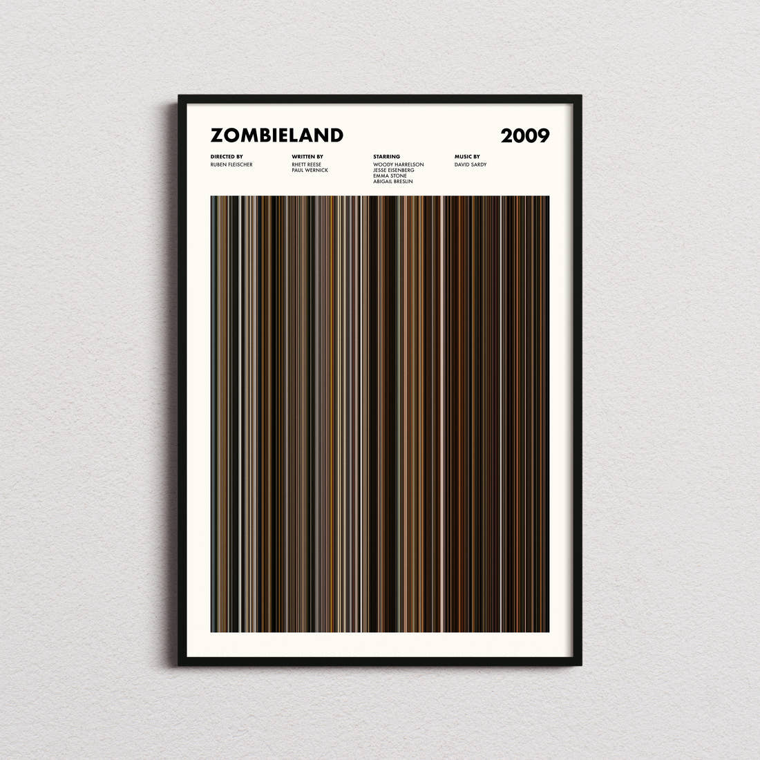 Zombieland Movie Barcode Poster framed on a plain studio wall