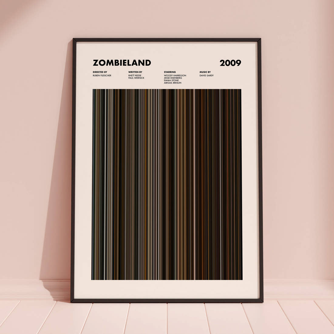 Zombieland Movie Barcode Poster framed and leaning against a coloured wall