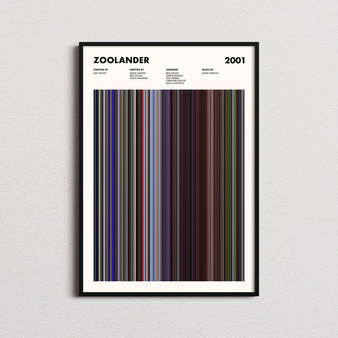 Zoolander Movie Barcode Poster framed on a plain studio wall