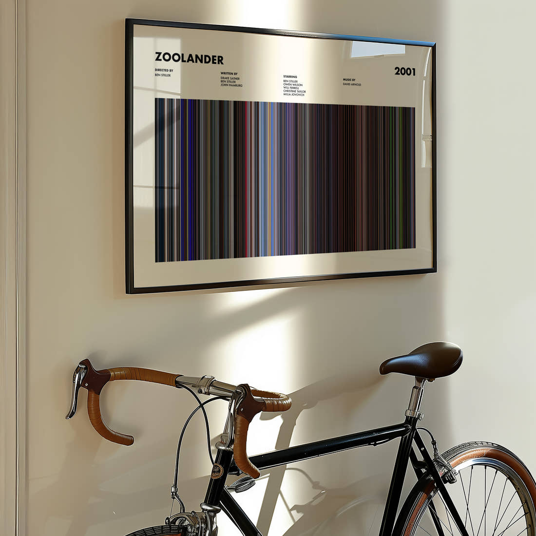 Zoolander Movie Barcode Poster framed on the wall of a styled room setting