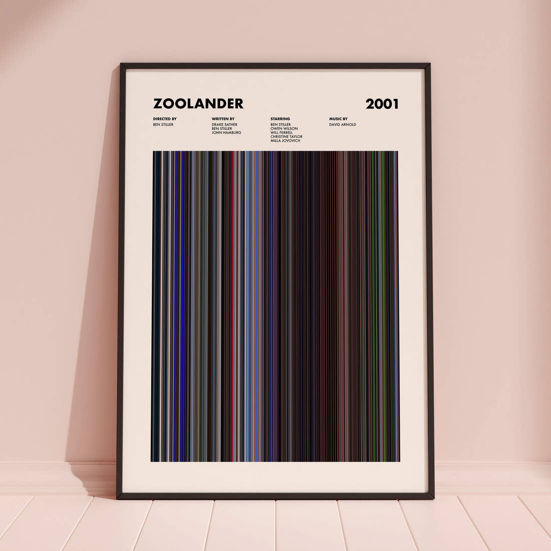 Zoolander Movie Barcode Poster framed and leaning against a coloured wall
