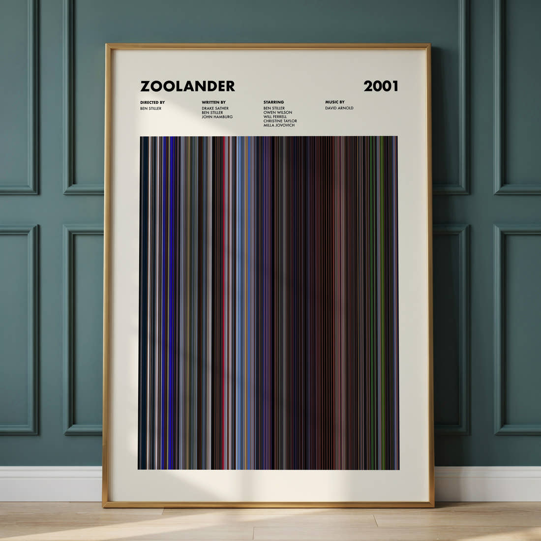 Zoolander Movie Barcode Poster framed and leaning against a panelled wall