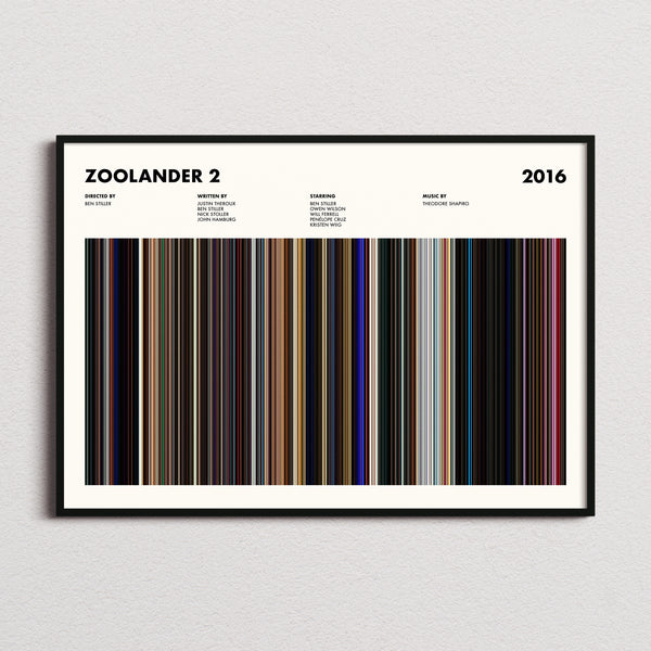 Zoolander 2 Movie Barcode Poster framed and photographed straight on