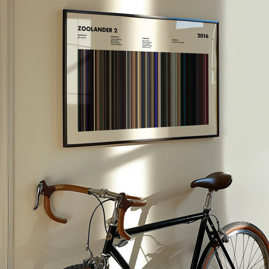 Zoolander 2 Movie Barcode Poster framed on the wall of a styled room setting