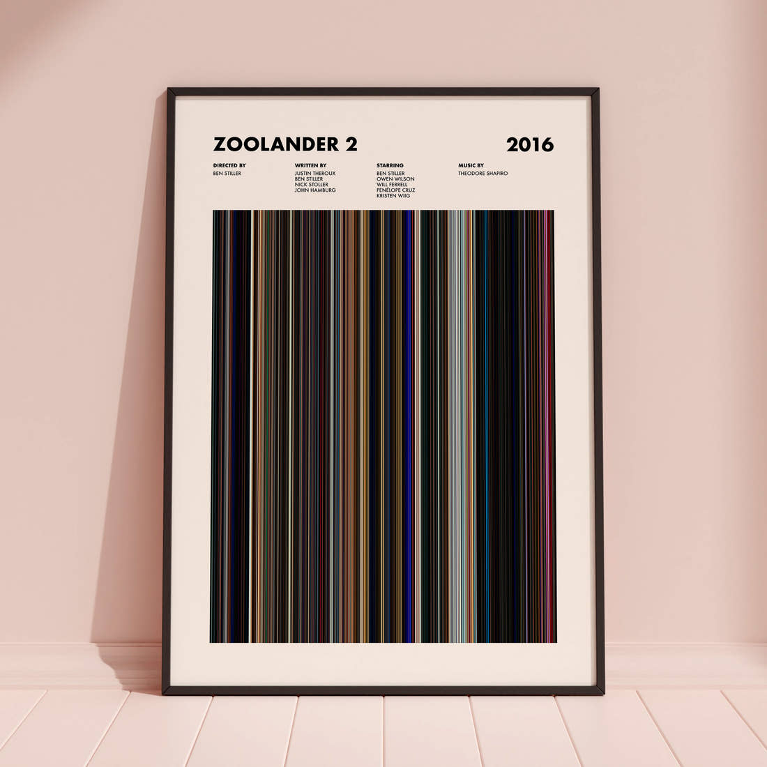 Zoolander 2 Movie Barcode Poster framed and leaning against a coloured wall