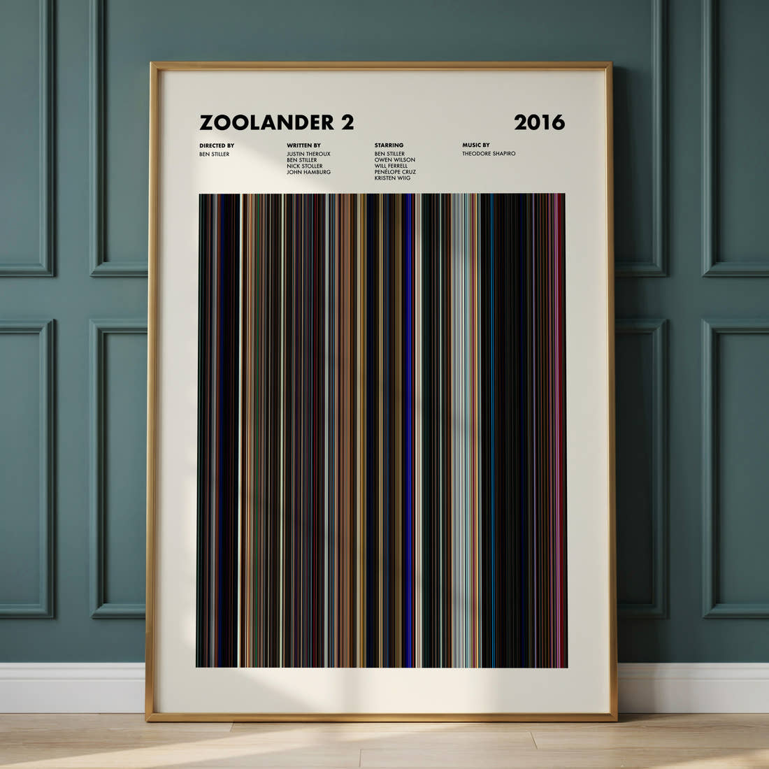 Zoolander 2 Movie Barcode Poster framed and leaning against a panelled wall
