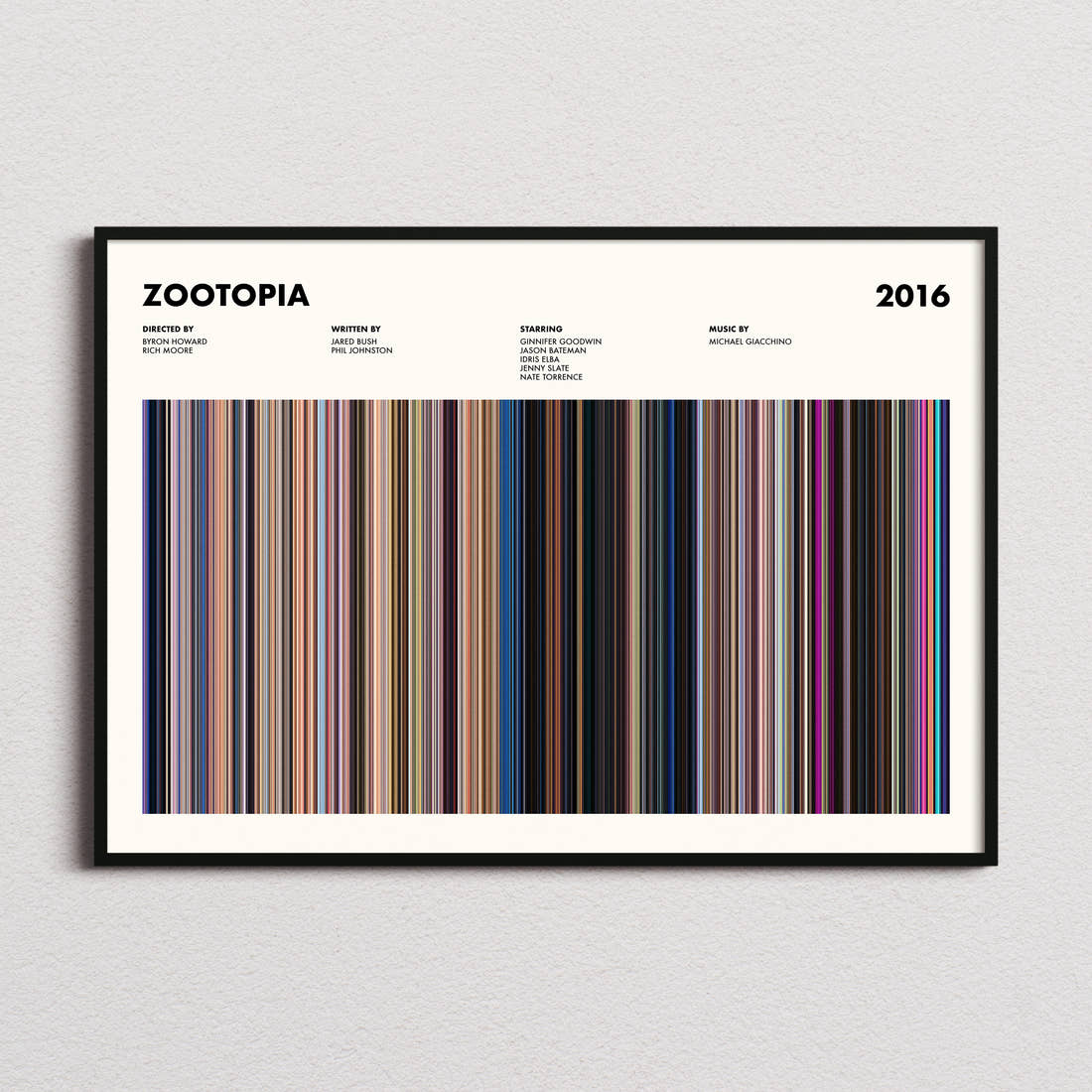 Zootopia Movie Barcode Poster framed and photographed straight on