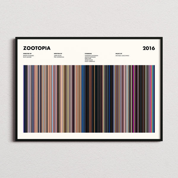 Zootopia Movie Barcode Poster framed and photographed straight on