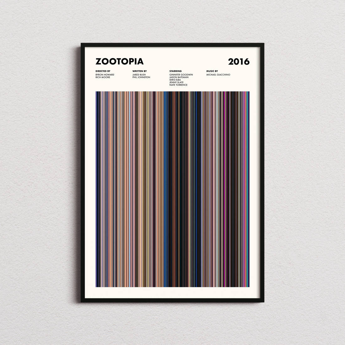 Zootopia Movie Barcode Poster framed on a plain studio wall