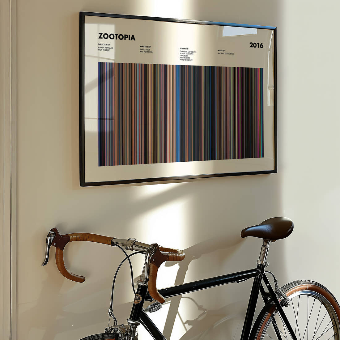 Zootopia Movie Barcode Poster framed on the wall of a styled room setting