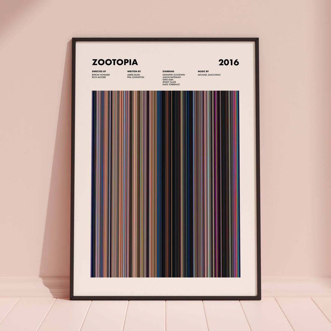 Zootopia Movie Barcode Poster framed and leaning against a coloured wall