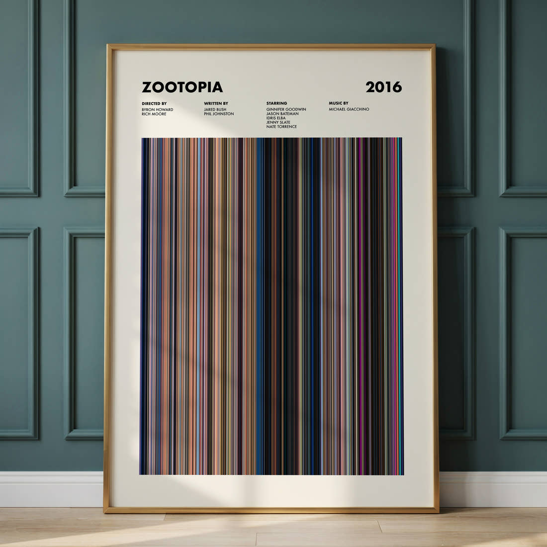 Zootopia Movie Barcode Poster framed and leaning against a panelled wall