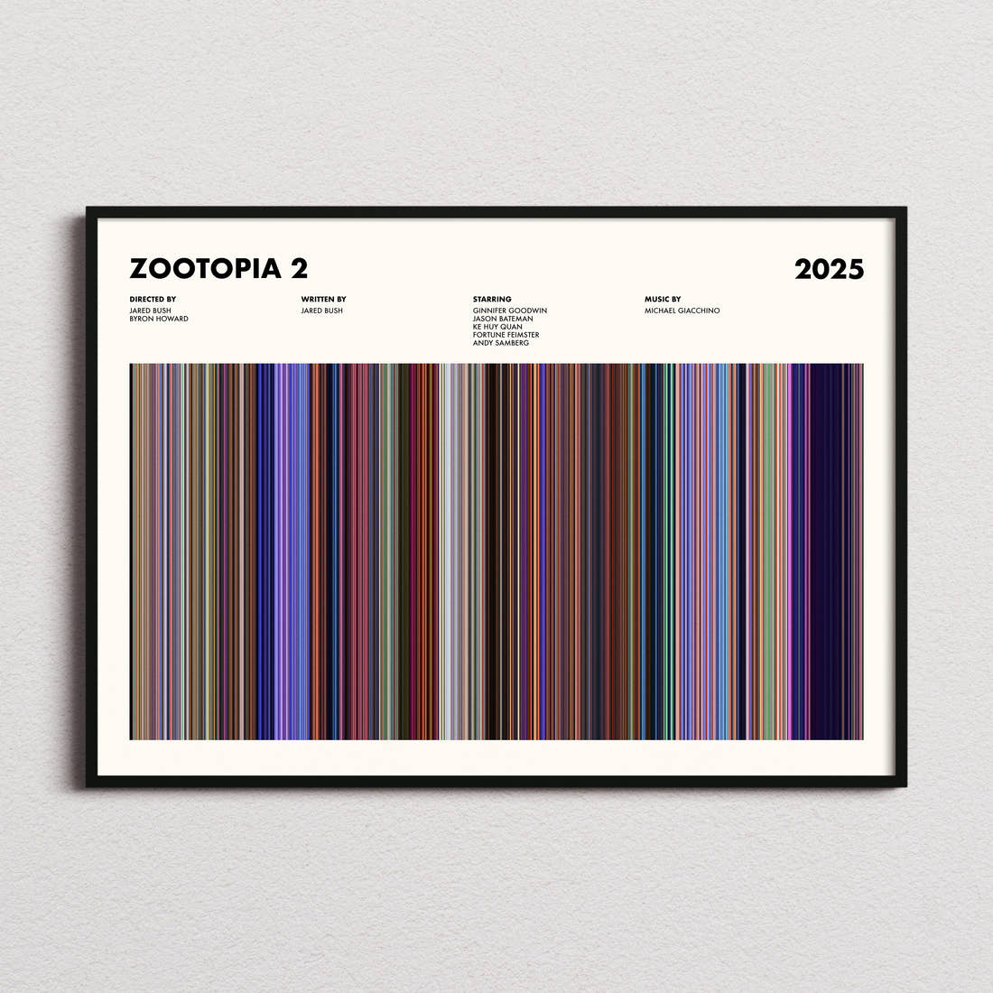 Zootopia 2 Movie Barcode Poster framed and photographed straight on