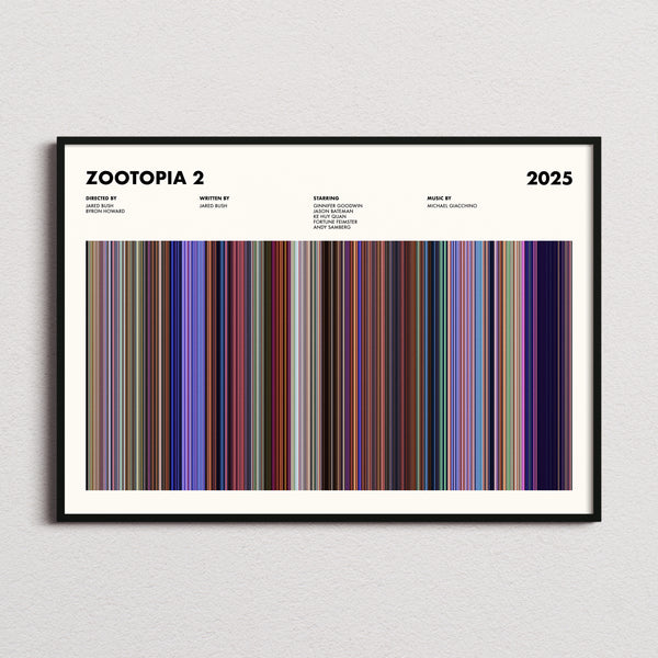 Zootopia 2 Movie Barcode Poster framed and photographed straight on